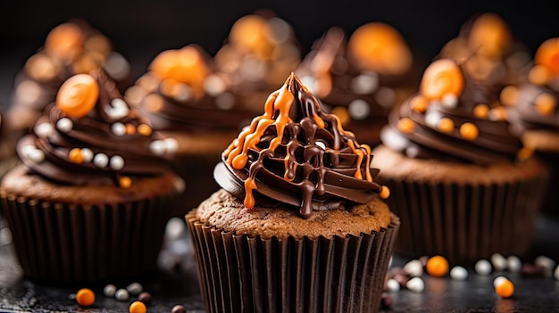 alguns cupcakes com cobertura de chocolate e sprinng em cima cercados por mini doces doces