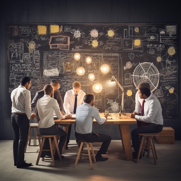 Alguns executivos numa sala criativa a trabalharem juntos num quadro a descobrir ideias.