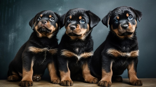 Alguns filhotes de Rottweiler fofos e excitados em um fundo minimalista Generative AI