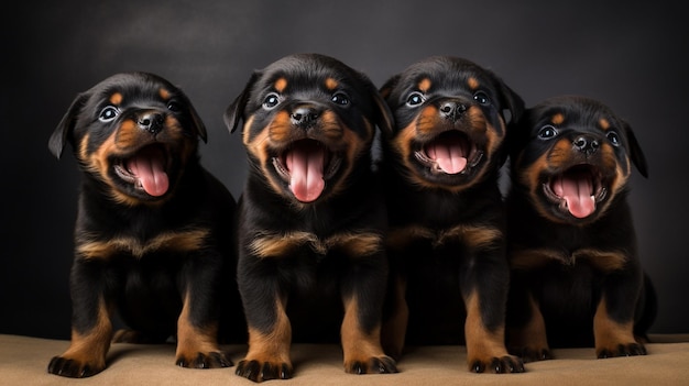 Alguns filhotes de Rottweiler fofos e excitados em um fundo minimalista Generative AI