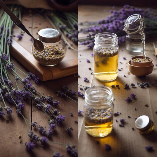 Foto alguns frascos de lavanda estão em uma mesa com uma garrafa de azeite