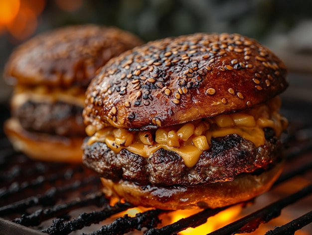 Foto alguns hambúrgueres sendo cozidos na grelha no estilo de formações de grade