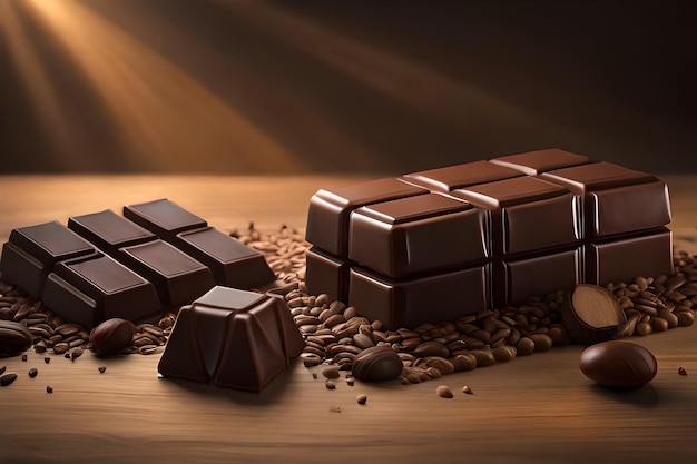 Alguns pedaços de chocolate estão sobre uma mesa de madeira com uma pilha de grãos de café