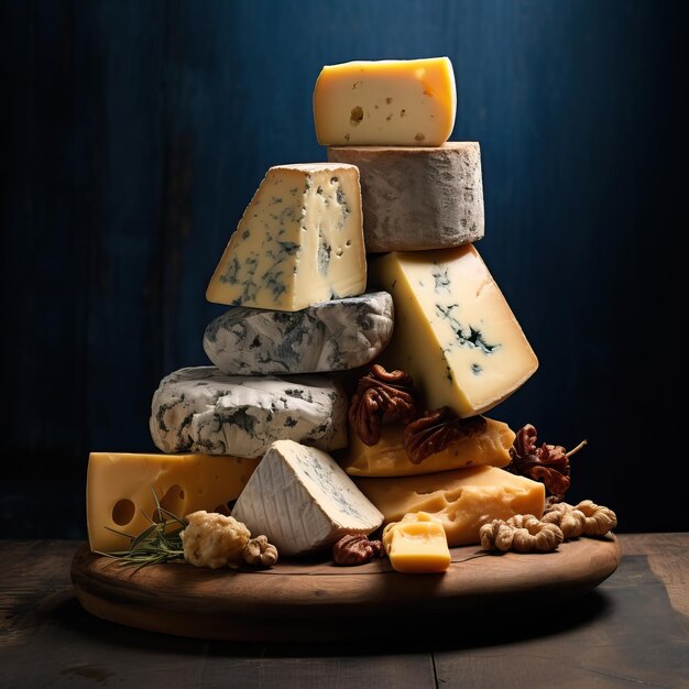 alguns queijos são empilhados em uma tábua de madeira no estilo de azul escuro e âmbar