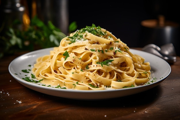 Alho cremoso, parmesão, fettuccine, um prazer irresistível de massa.