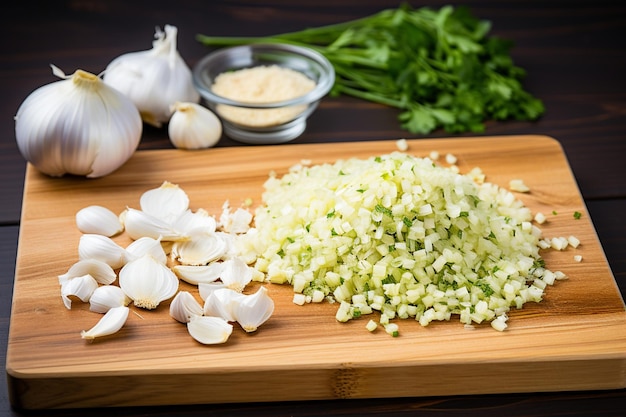 Foto alho picado na tábua da cozinha