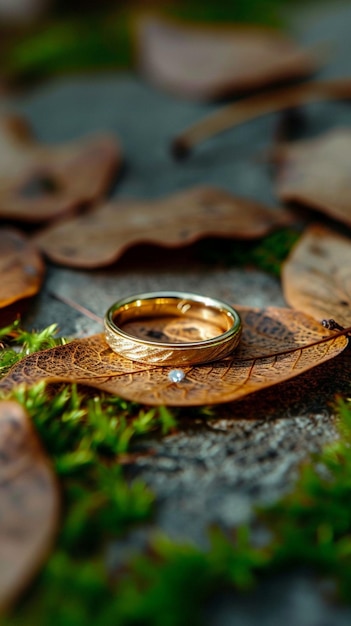 Aliança de casamento romântica de outono colocada em meio a folhas rústicas secas Papel de parede vertical para celular