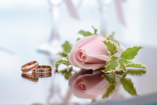 Alianças de casamento ao lado da casa de botão