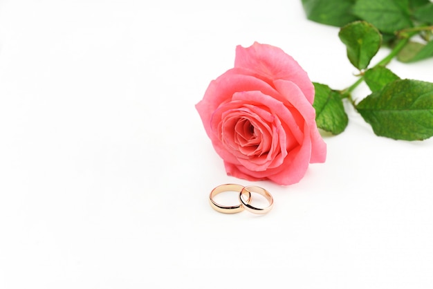 Alianças de casamento de ouro para recém-casados ​​com uma flor rosa
