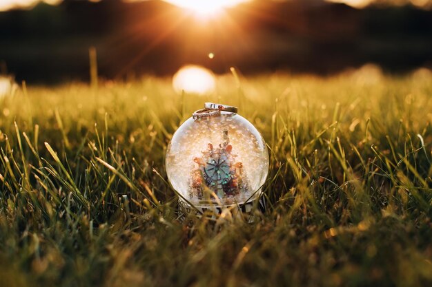 Alianças de casamento douradas ao pôr do sol acessórios de casamento