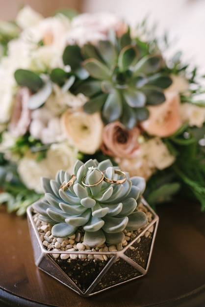 Alianças de casamento em uma flor de perto