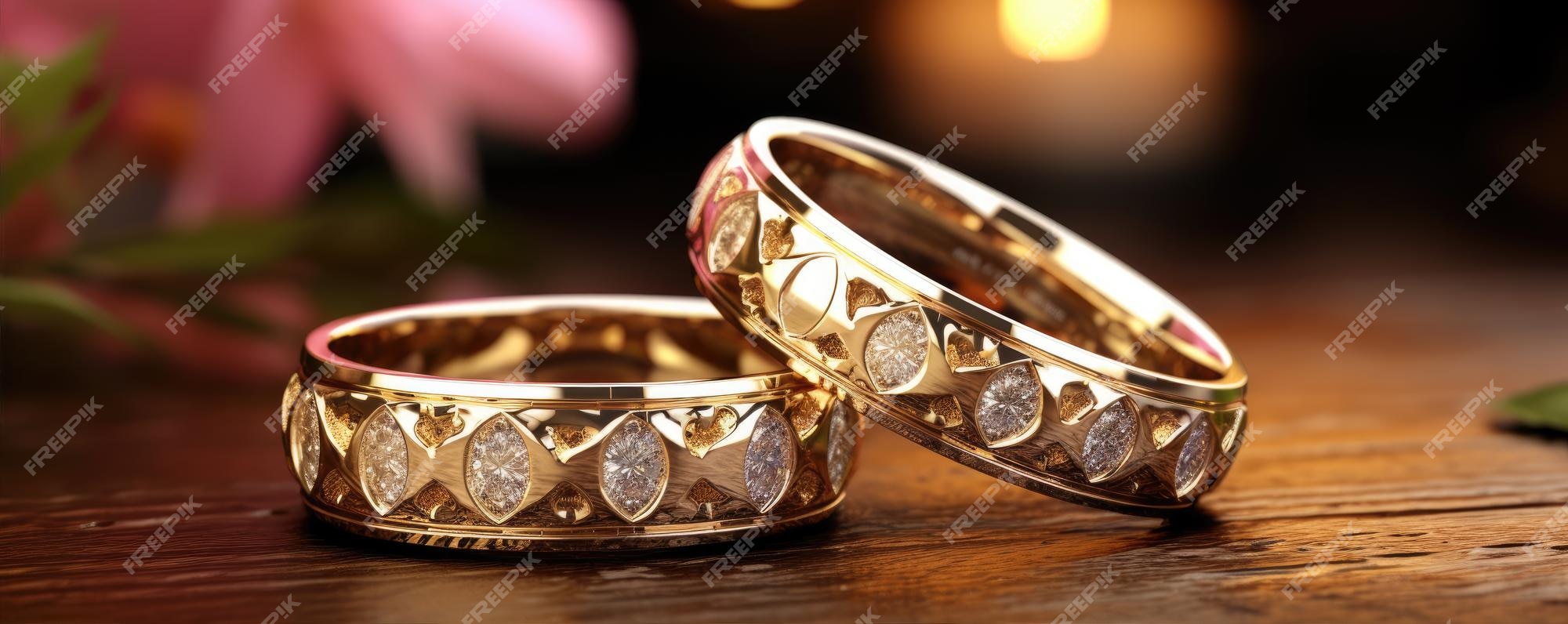 Alianças de casamento na mesa de madeira par de anéis de ouro detalham  faixa larga