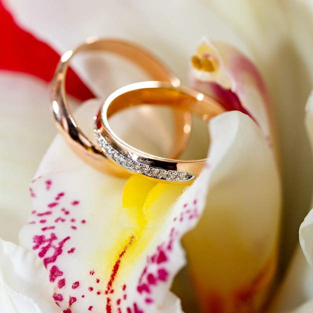 Alianças de ouro em um buquê de flores para a noiva