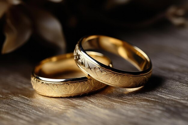 Alianças de casamento na mesa de madeira par de anéis de ouro detalham  faixa larga