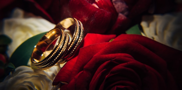 Alianças de ouro sobre fundo de flores vermelhas, foco seletivo, close-up. Anéis vintage, reflexos de luz, botões de rosa, macro fotografia.