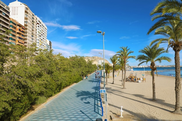 Foto alicante, españa - 29 de noviembre de 2019: paseo de alicante paseo de gomiz con la playa del postiguet, españa