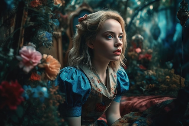 Alice im Wunderland Grinsekatze weißes Kaninchen Alice im blauen Kleid trinkt Tee Alice durch den Spiegel Generative KI
