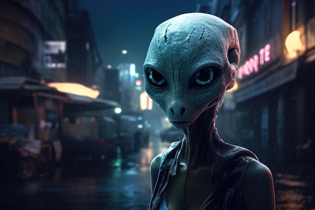 Alien auf den Straßen einer großen Stadt an einem nebligen Abend von generative ai