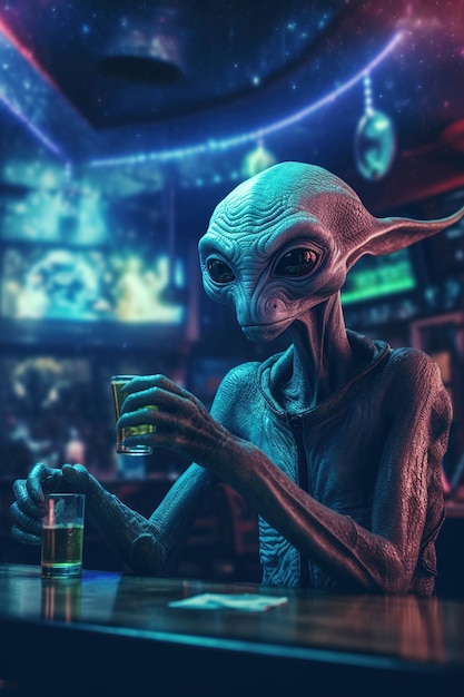 Alien bebendo uma dose em um bar