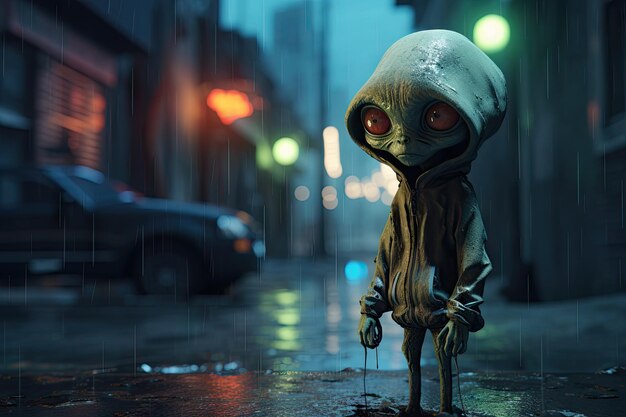 Alien en las calles de una gran ciudad en una noche brumosa por generative ai