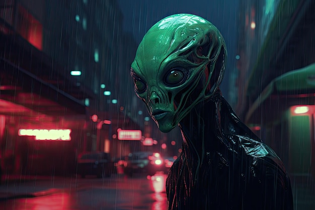 Alien en las calles de una gran ciudad en una noche brumosa por generative ai