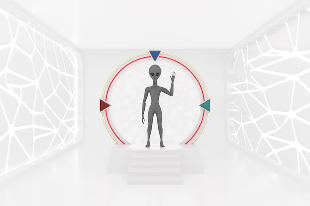 Alien Character Person Silhouette vor dem White Space Gate Portal zu anderen Welten und Universen im beleuchteten leeren Open Space Korridor oder Rauminterieur 3D-Rendering