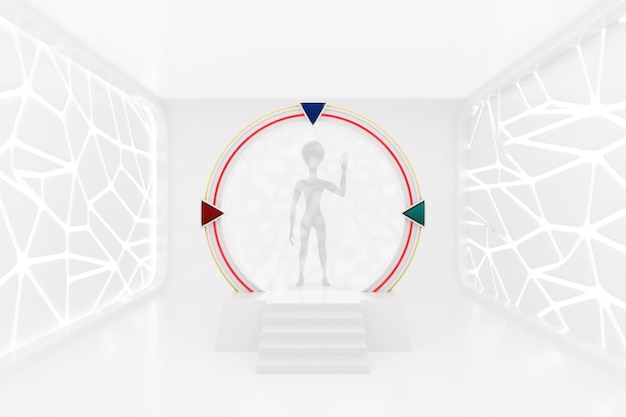 Alien Character Person Silhouette zurück vom White Space Gate Portal zu anderen Welten und Universen im beleuchteten leeren Open Space Corridor oder Room Interior 3D Rendering