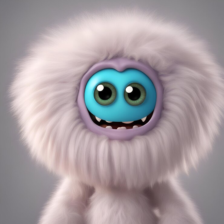 Foto alien de desenho animado com olhos grandes e casaco de pele peludo ilustração 3d