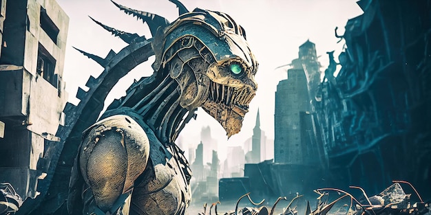 Alien de metal robótico em uma cidade arruinada Conceito de apocalipse futuro Ilustração gerada por IA