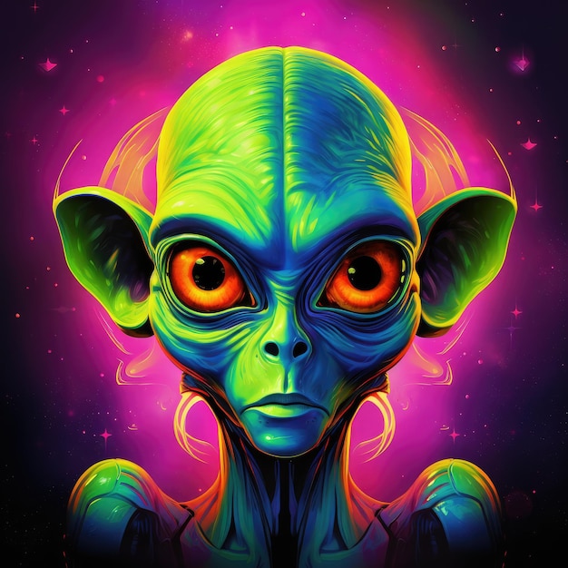 Alien de dibujos animados con ojos grandes en un colorido fondo de otro mundo