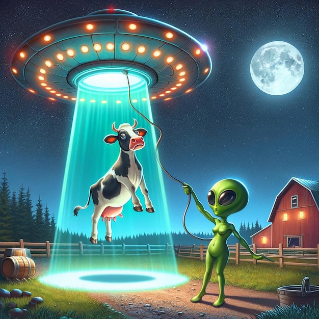 Alien e vaca em frente ao disco voador