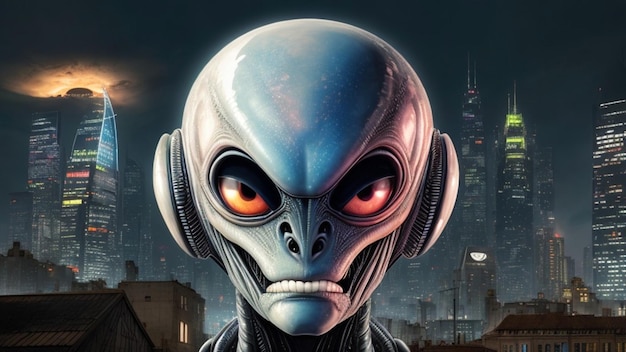 Alien em frente a uma cidade futurista