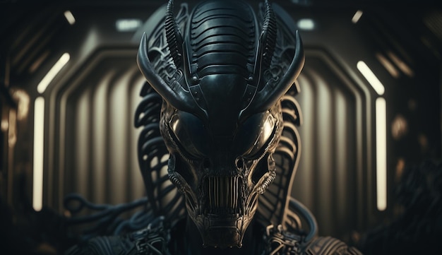 Alien em uma nave espacial com uma máscara nele