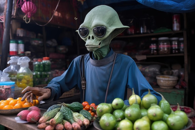 Foto alien experimentando uma variedade de frutas e vegetais incomuns no mercado criado com ia generativa