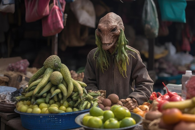 Alien experimentando uma variedade de frutas e vegetais incomuns no mercado criado com IA generativa