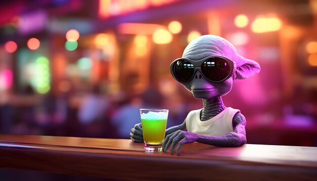 Alien con gafas de sol con un vaso de bebida en un bar