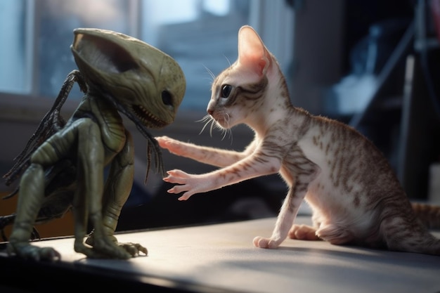 Alien interagiert mit niedlichem Kätzchen und bringt seine spielerische Seite zum Vorschein, geschaffen mit generativer KI