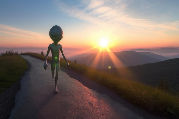 Alien joggt auf einem malerischen Bergpfad mit dem Sonnenaufgang im Hintergrund, erstellt mit generativer KI