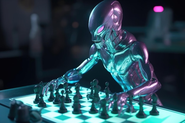 Alien jugando al ajedrez en un tablero futurista con piezas holográficas creadas con ai generativo