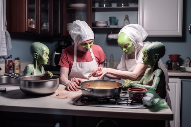 Alien mãe pai e filho cozinhando juntos na cozinha criada com ai generativa
