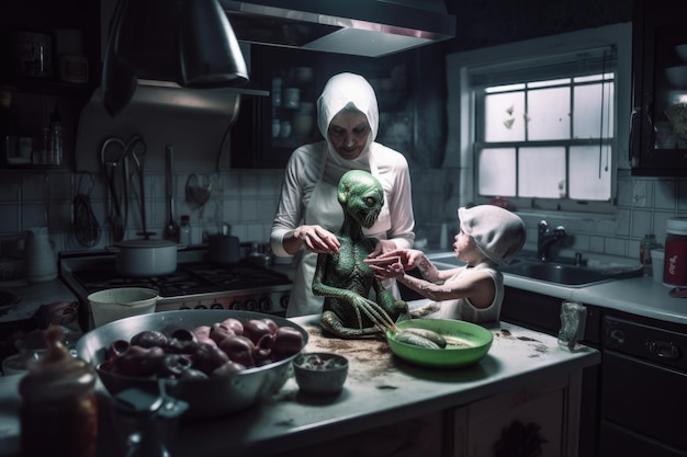 Foto alien mãe pai e filho cozinhando juntos na cozinha criada com ai generativa