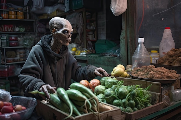 Alien no mercado comprando ingredientes frescos para experimento culinário criado com IA generativa