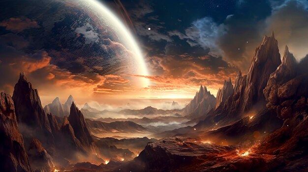 Alien Planet Landscape at Sunset mit Majestic Moon erstellt mit Generative AI-Technologie