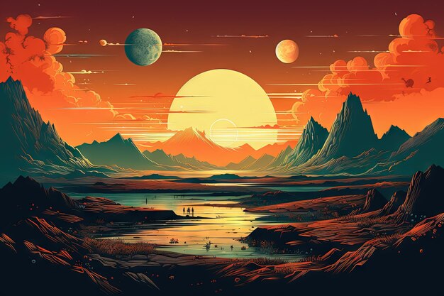 Alien Planet Landschaft mit Bergen und Mond über dem Horizont im Retro-Stil