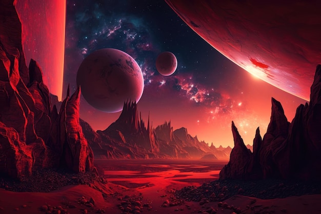 Alien Planet Un paisaje de fantasía con cielos rojos y estrellas AI Generation