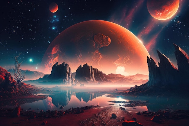 Alien Planet Un paisaje de fantasía con cielos rojos y estrellas AI Generation
