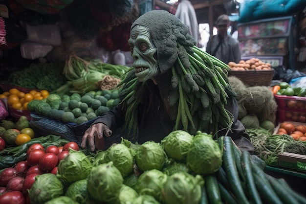 Alien probiert verschiedene ungewöhnliche Obst- und Gemüsesorten auf einem Markt aus, der mit generativer KI erstellt wurde