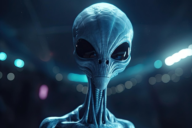 Alien UFO em um espaço azul com estrelas acima de sua cabeça contra um fundo azul desfocado Generative AI