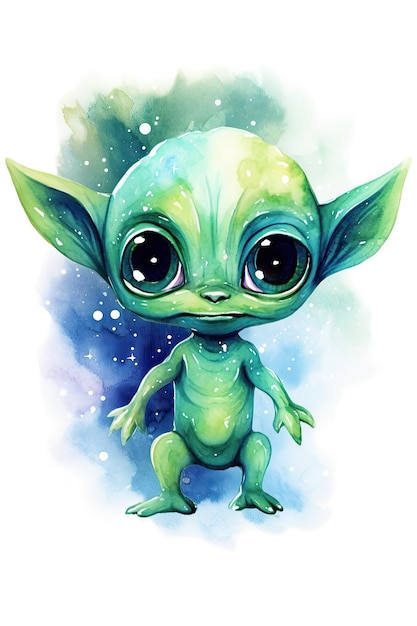 Alien verde aquarela clipart bonito isolado no fundo branco com Generative AI