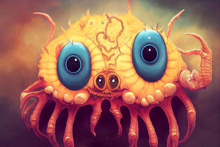 Foto alien von einem meeresplaneten große monsterkrabbe mit großen blauen augen gruselige illustration